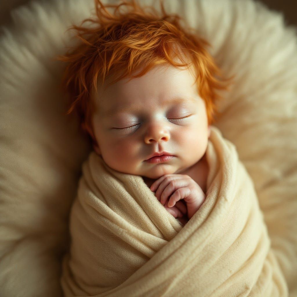 Ginger-Haired Newborn Portrait in Cinematic Lighting