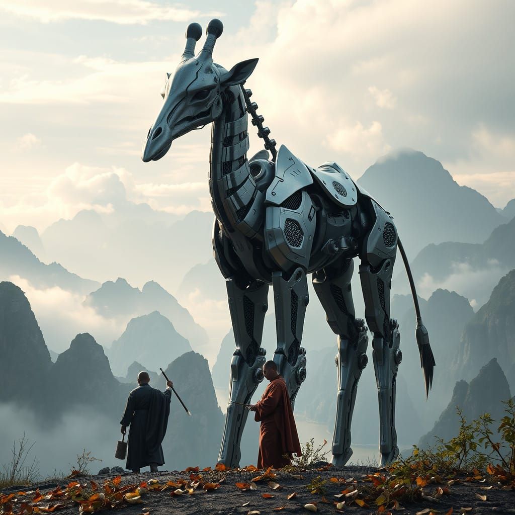 Majestic Mech in Zhangjiajie Landscape with Traditional Monk