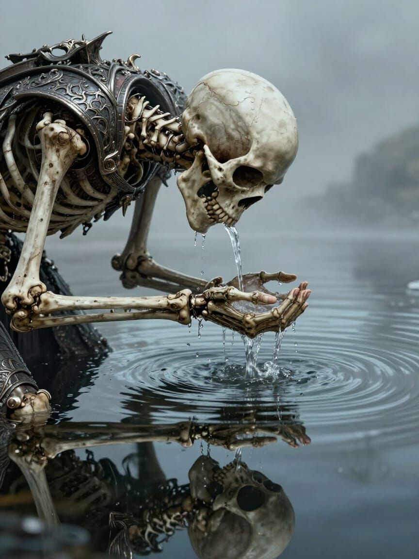 Skeleton Tries to Drink Water, Ghostly Reflection