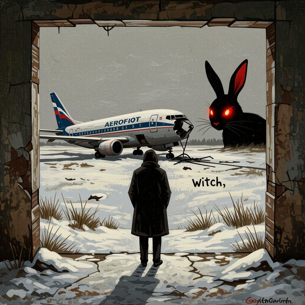 Melancholy Figure Facing Bleak Dawn with Evil Rabbit