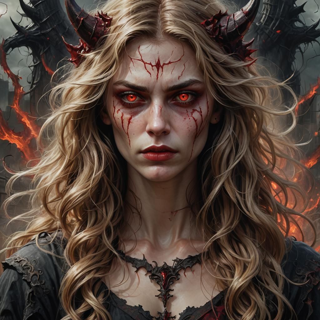 Demonic Young Woman Portrait in Hyperrealism