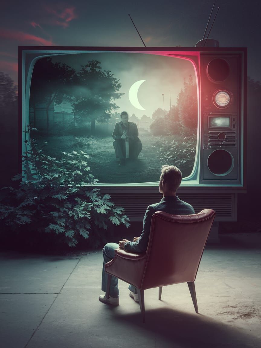 A man in a worn, leather armchair sits outside in a dimly lit, moonlit garden, surrounded by lush greenery, lost in thou...