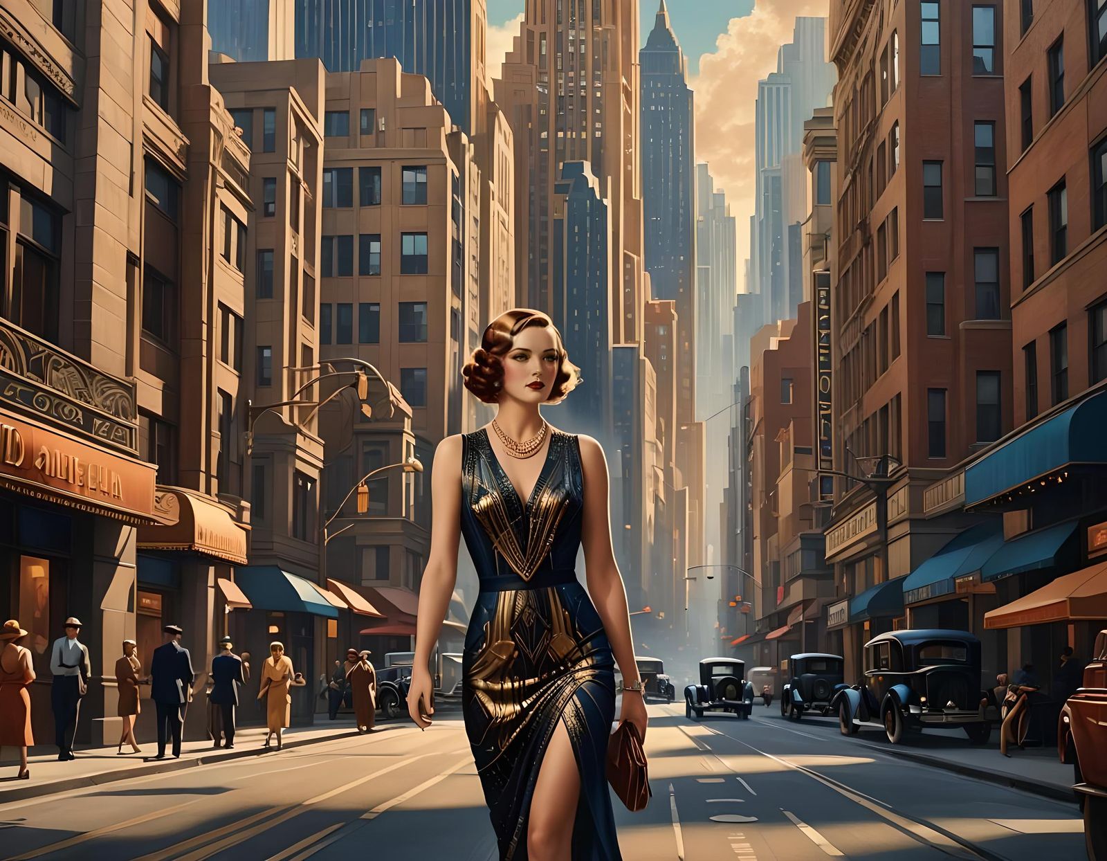 Art Deco City Street Scene, 1930s Style