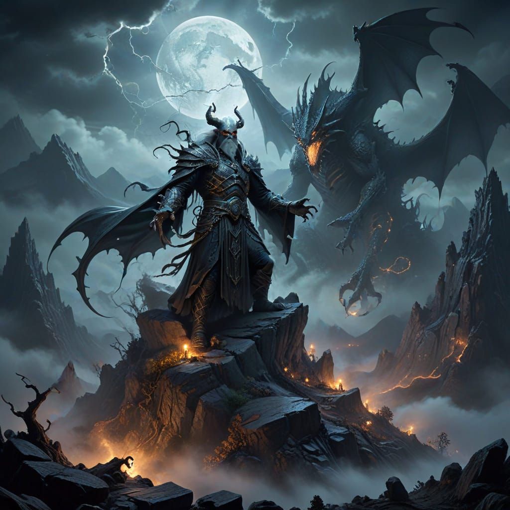Old Wizard Conjures Energy on Mountain in Dark Fantasy Style