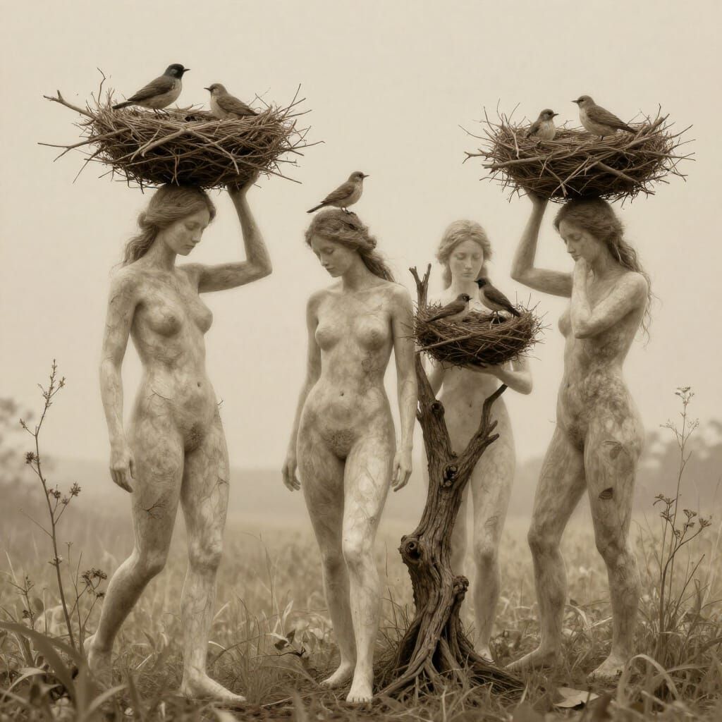 Female Figures Embrace Nature's Symbols of Home and Peace