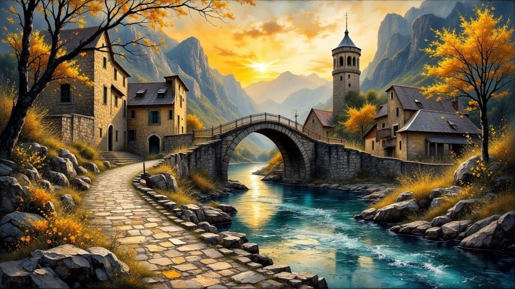 Medieval Town Sunset Over River in Gold and Watercolour Styl...