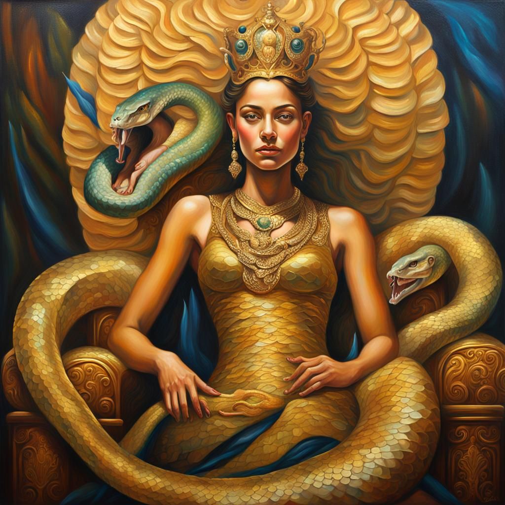 Cobra Woman on Throne in Fantasy Realism Style