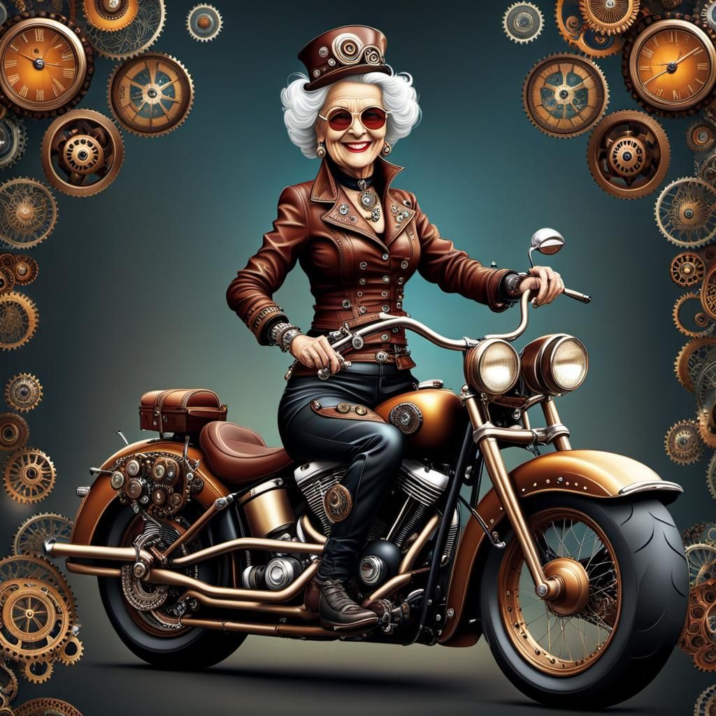 Steampunk granny on a motorcycle