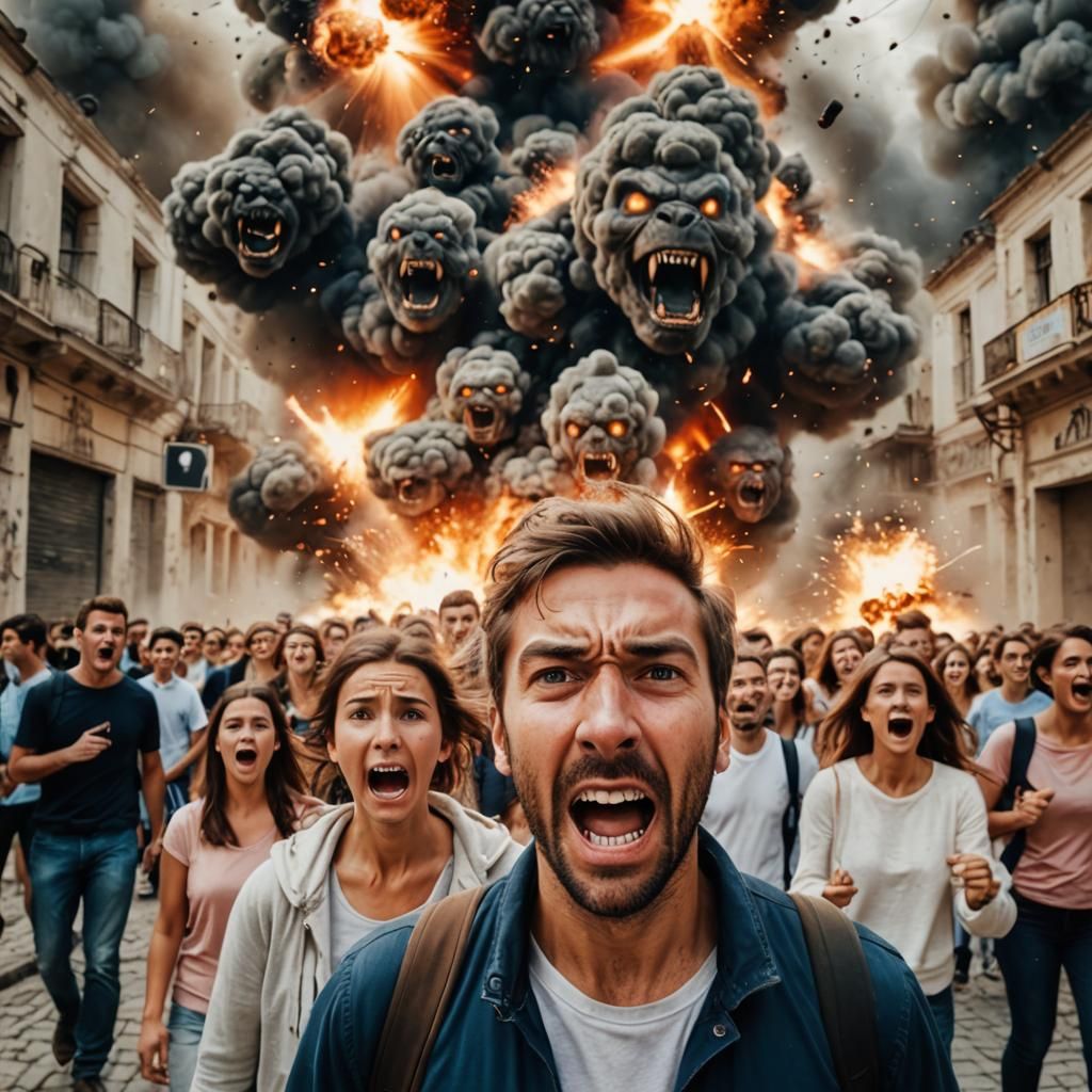 Fearful Photobomb with Explosion Background
