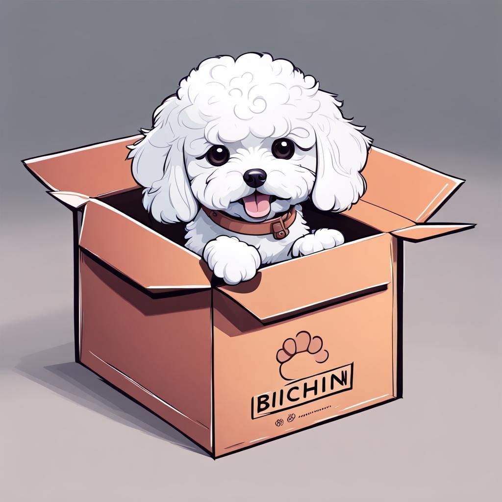 Chibi Bichon Frise Puppies in Box, Flat Drawing
