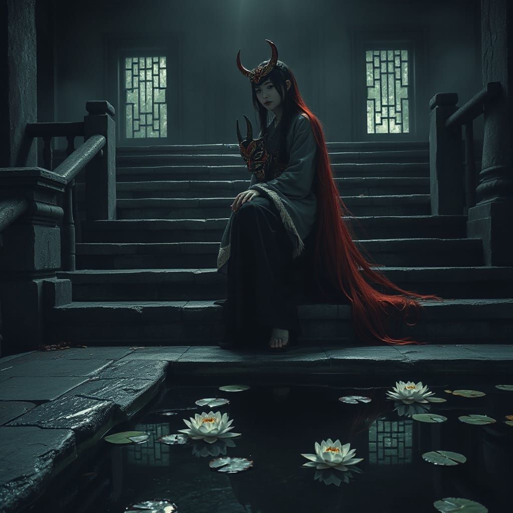 Mystical Japanese Woman in Oni Mask on Temple Stairs