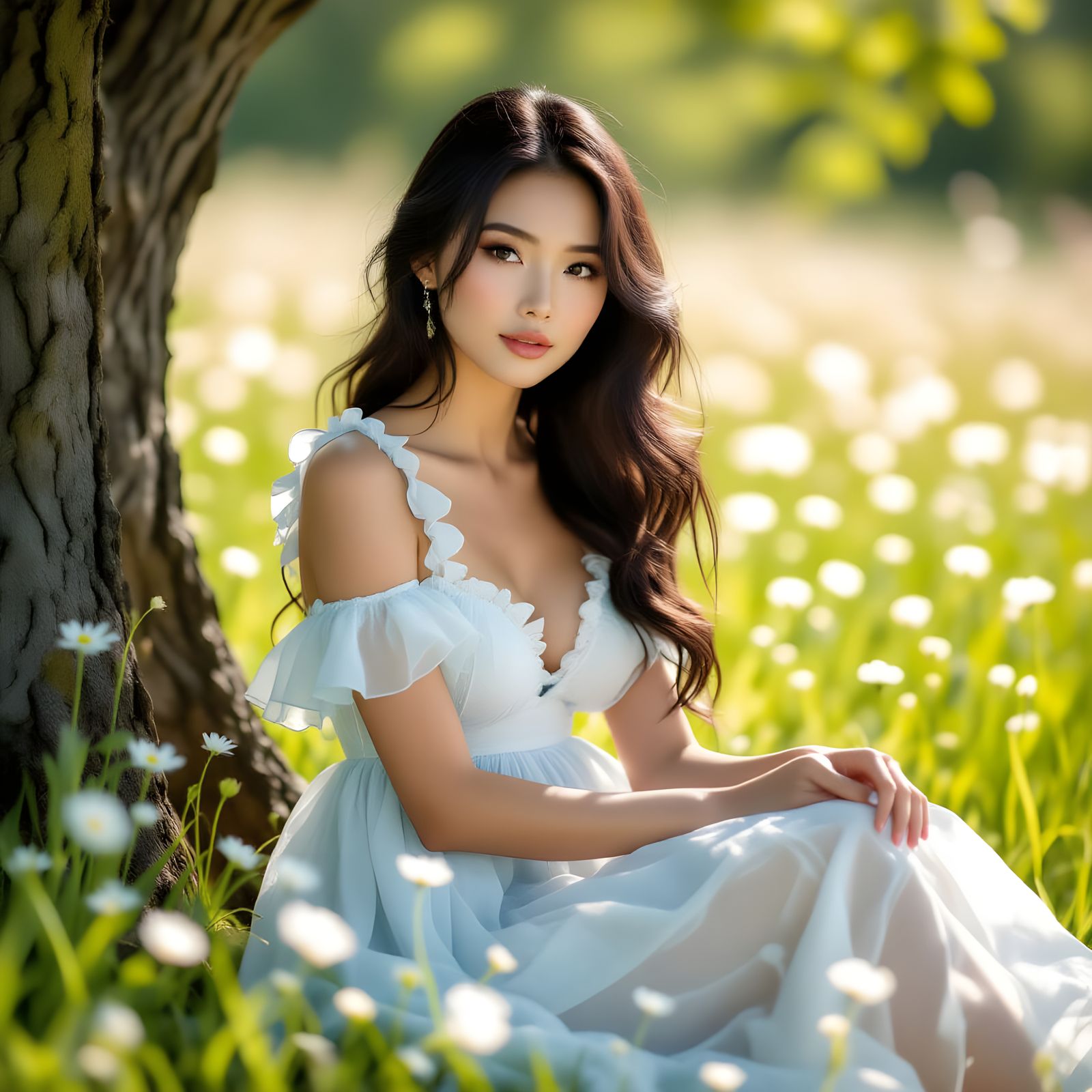 Ethereal Woman in Wildflower Field, Dreamlike Portrait