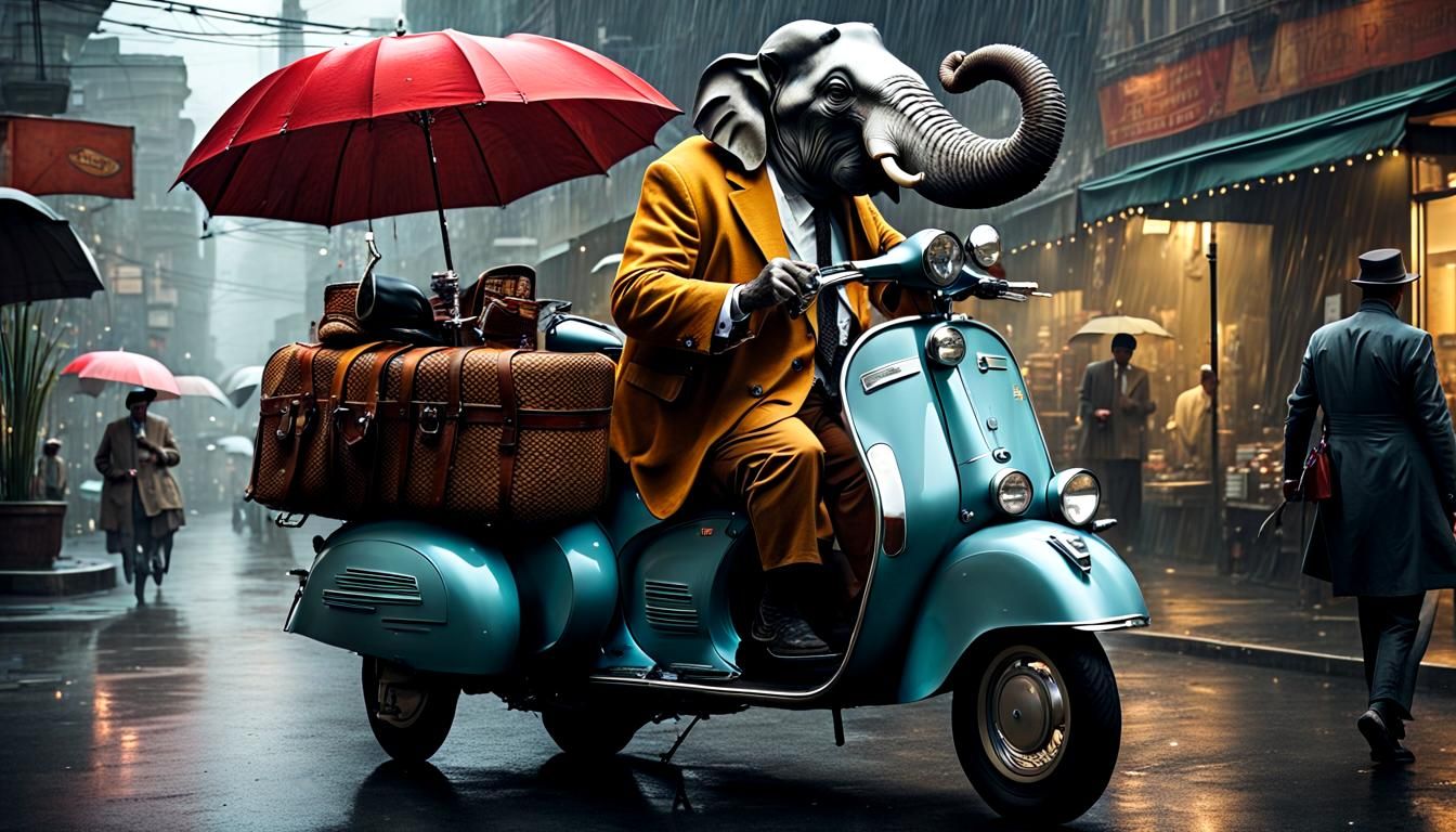 Elephant on Grotesque Vespa in Rainy City