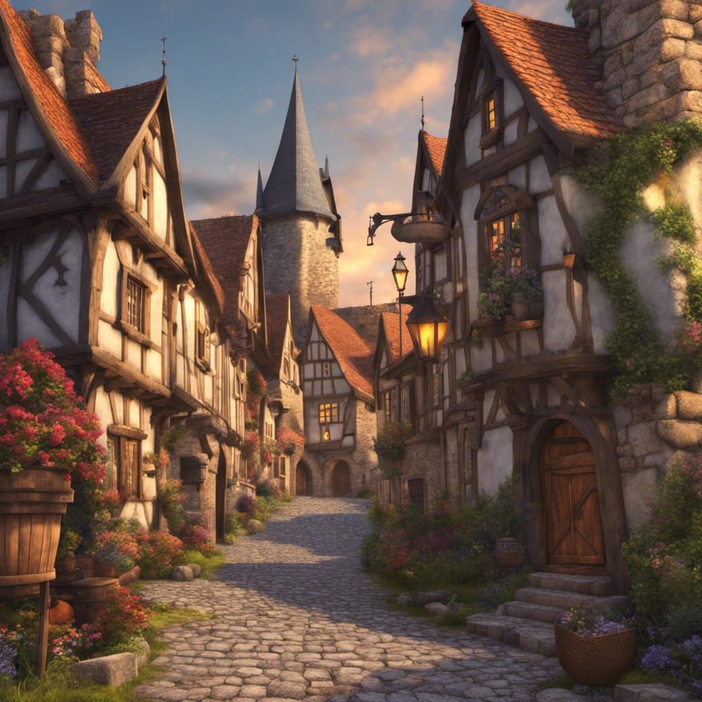 Colorful 3D Medieval Street Scene with Castle