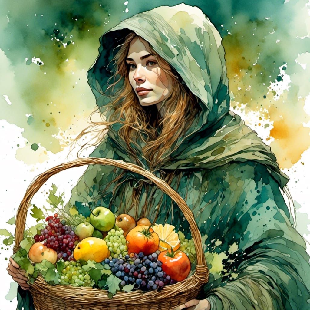 Woman in Hooded Cloak with Basket Portrait