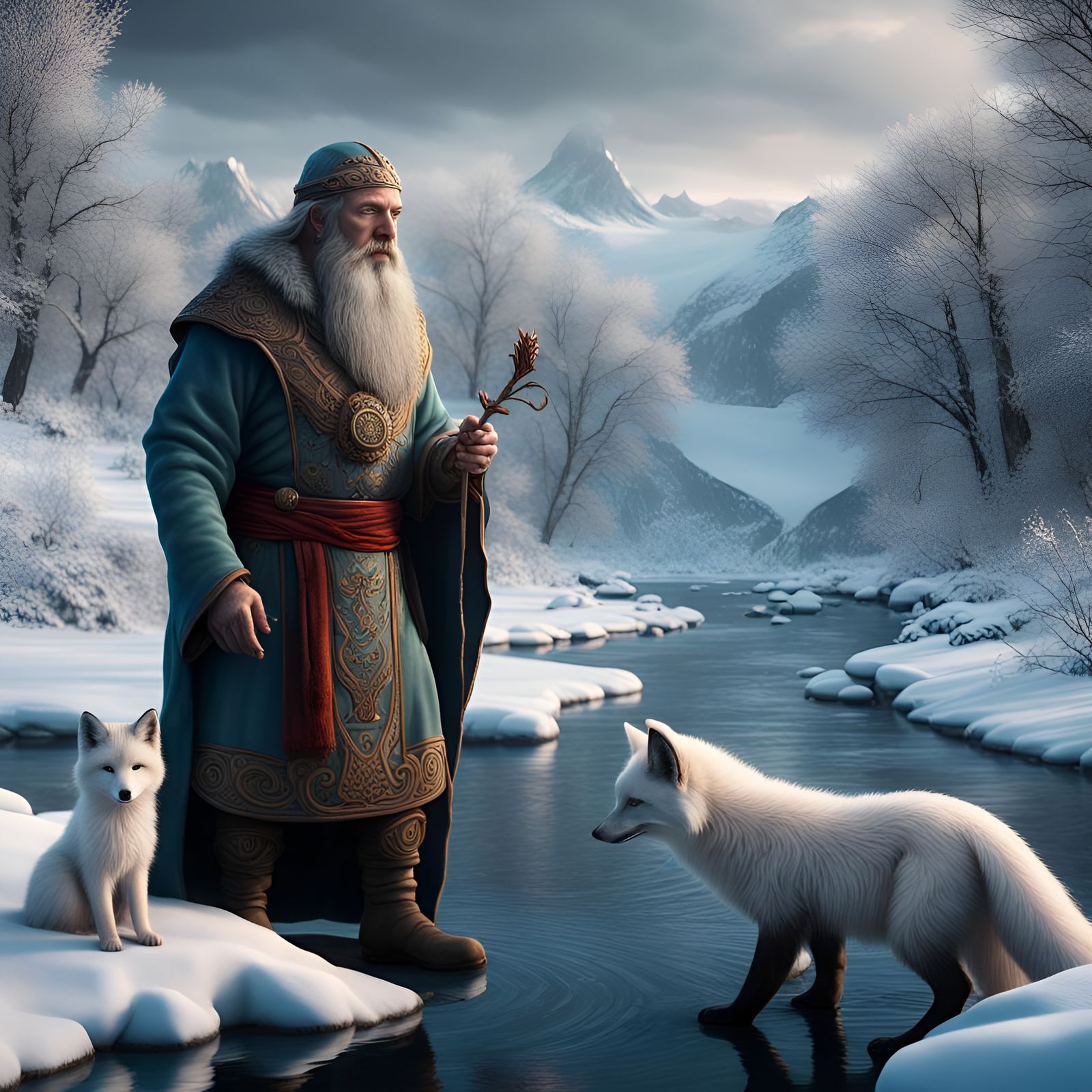 Celtic River God Condatis in a winter riverscape with two young Arctic Foxes