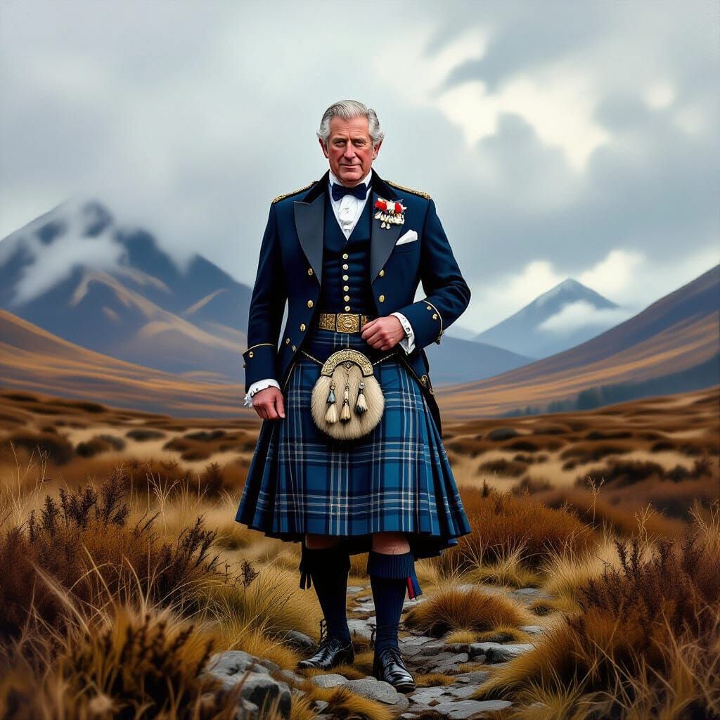 King Charles in Kilt on Scottish Moor