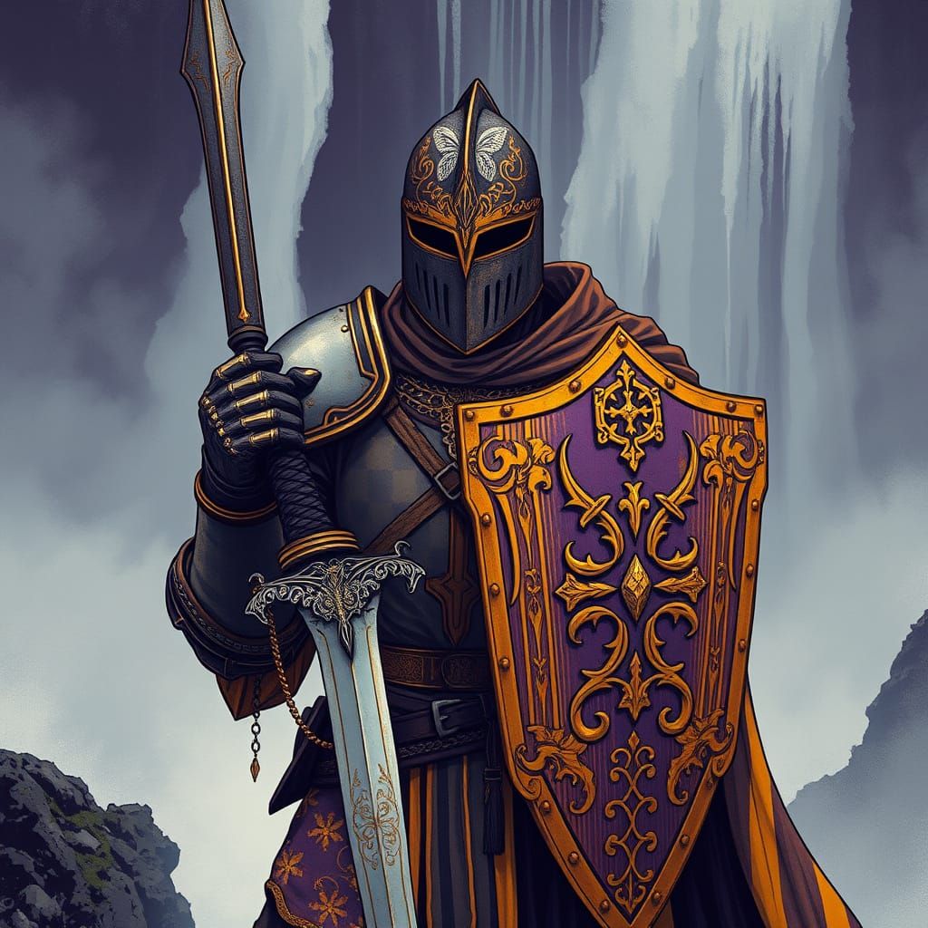 Medieval Knight with Butterfly Emblem in Woodcut Style