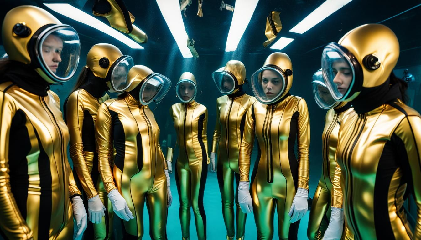 Futuristic Gold Scuba Divers Train Underwater