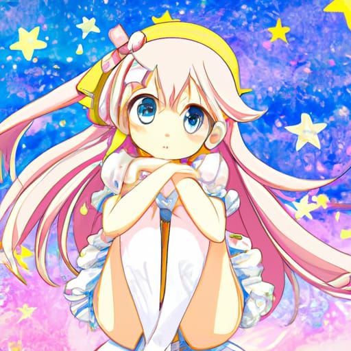 Anime Girl with Star Hairpins on Cloud