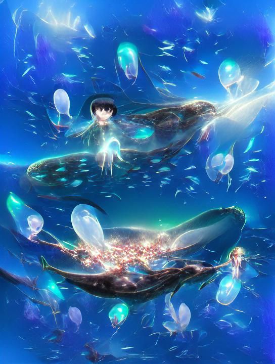 Glowing Glass Whale in Anime Style
