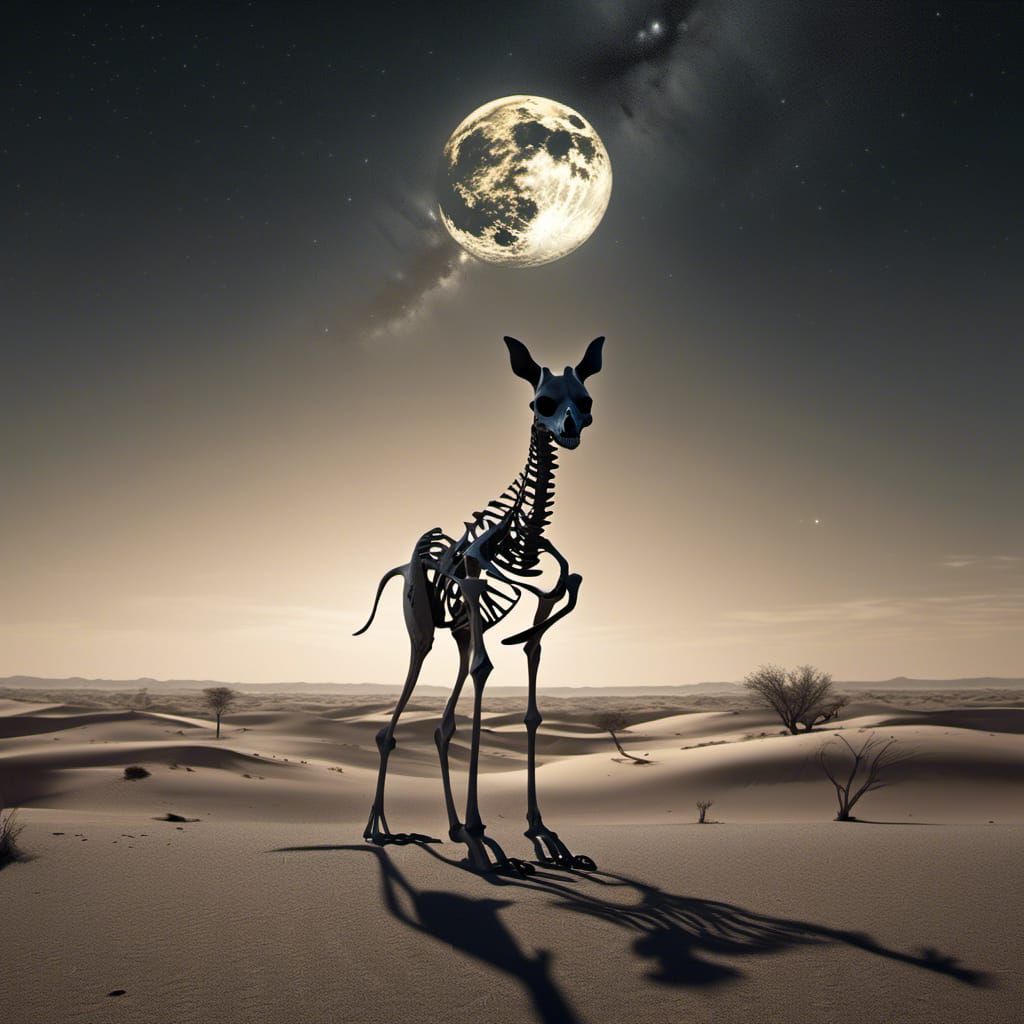 Ethereal Kangaroo Skeleton in a Desert Dreamscape