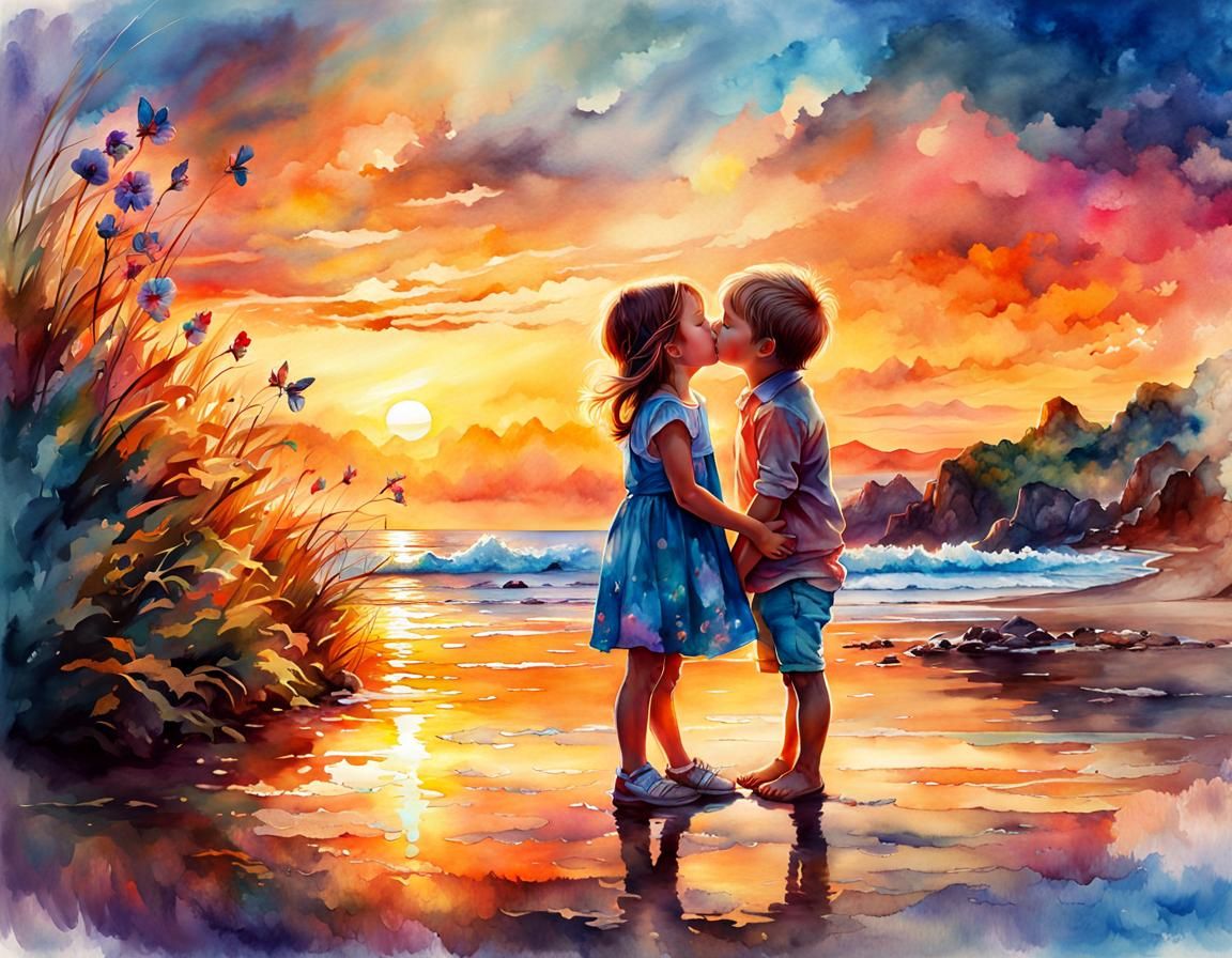 Children's First Kiss in Digital Watercolor Illustration