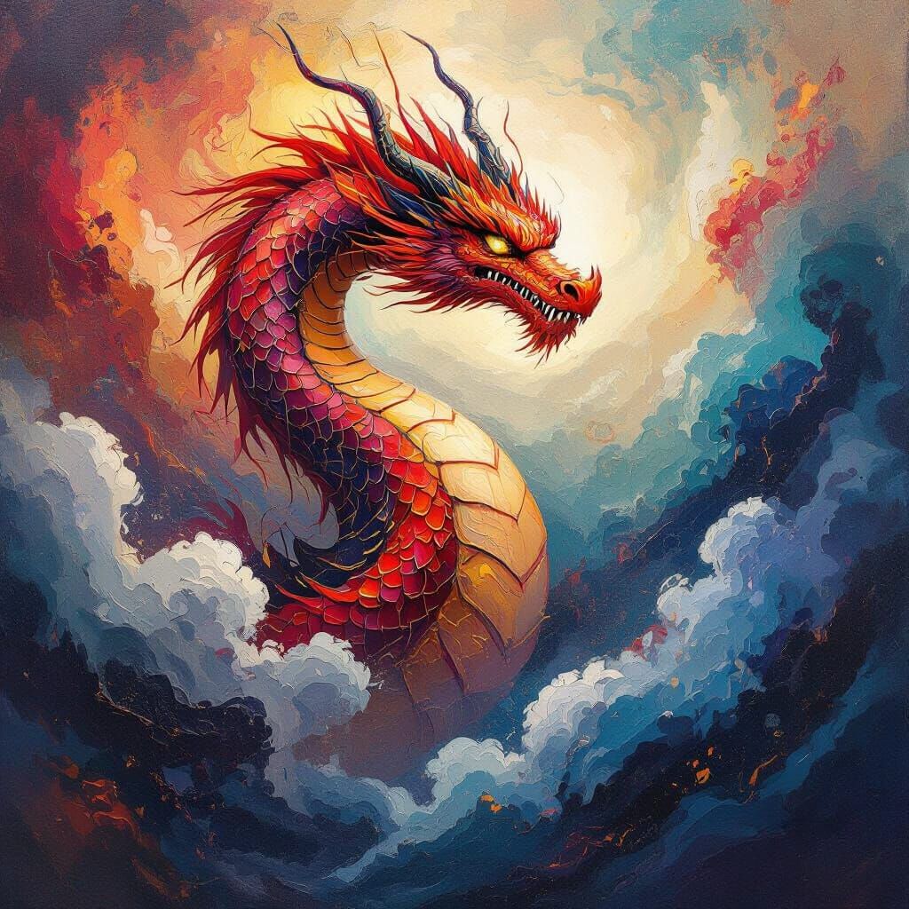 Dragon Emerges From Swirling Paint Clouds