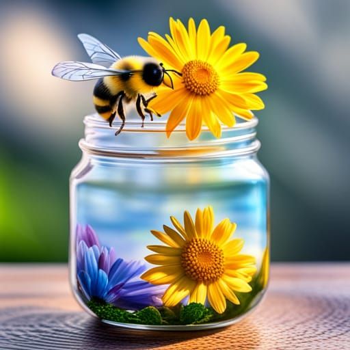 Chibi Bee on Daisy Honey Jar: 3D Rendered Art