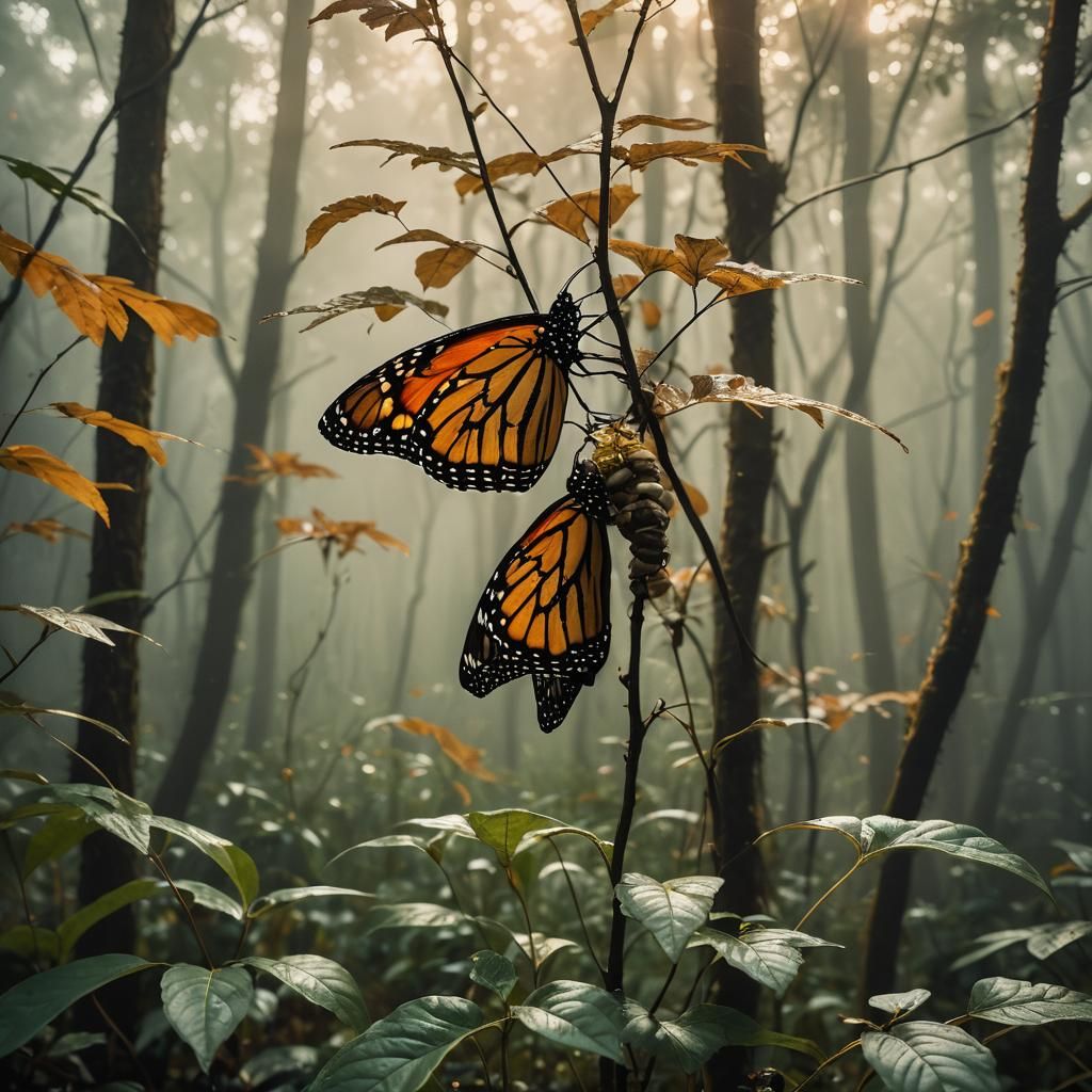 Monarch Butterfly Emerges in Misty Forest: Surrealist Film
