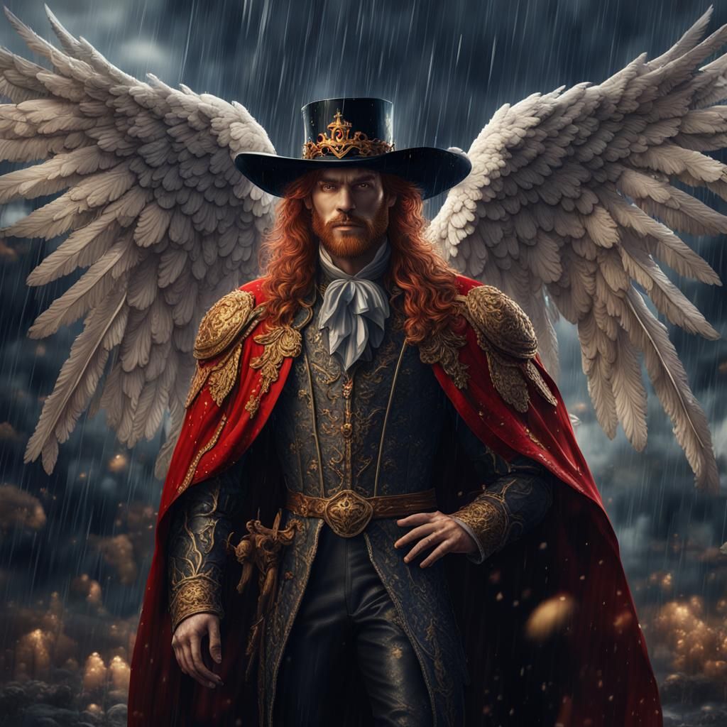 Winged Prince in Baroque Clothes Stands in Rain