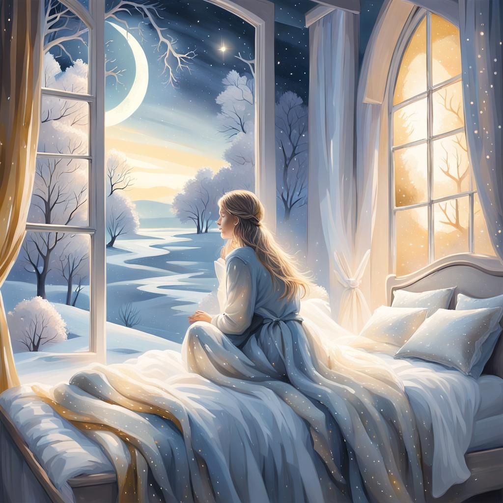 Dreamy Surrealism: Frosty Night Scene with Golden Light