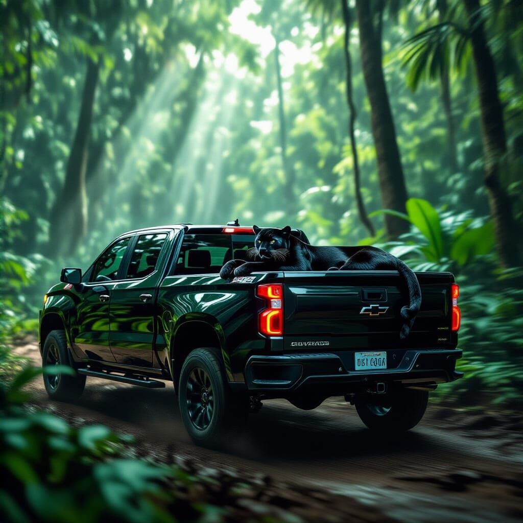 Modified Black Silverado with Panther in Tropical Rainforest
