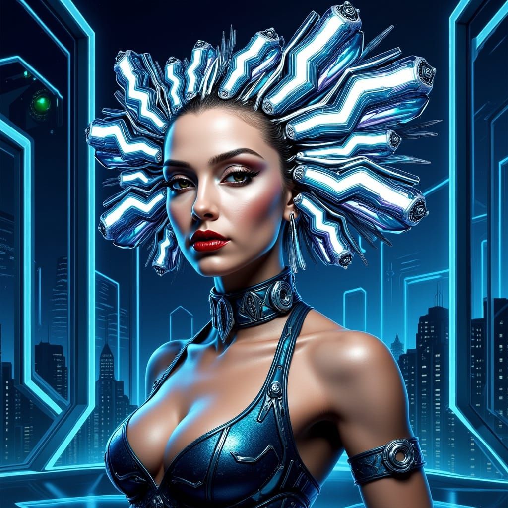 Kaleidoscopic Braids in Futuristic Cityscape