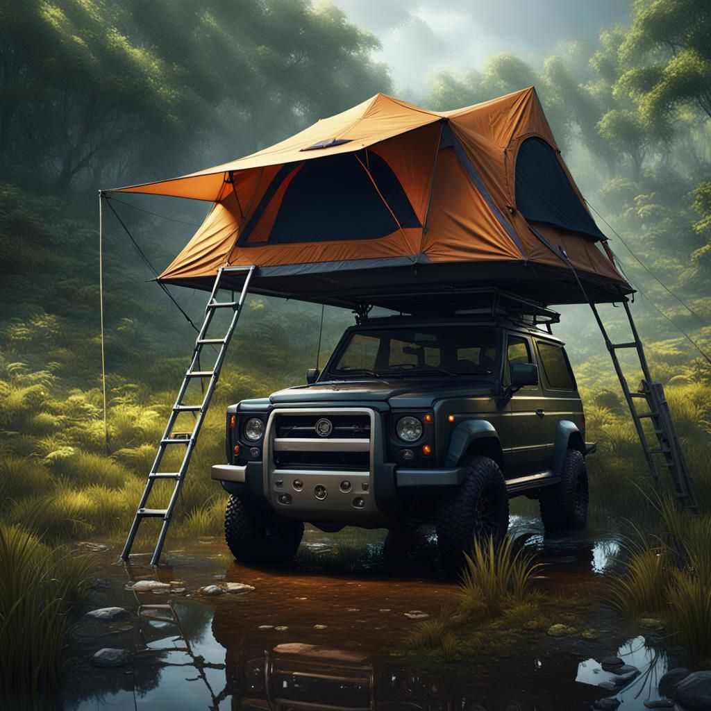 SUV Tent on Swamp Edge: Dark Fantasy Art