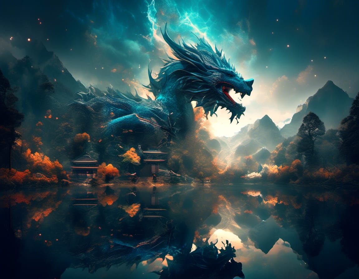 Epic Dragon Double Exposure in Watercolor Art Style