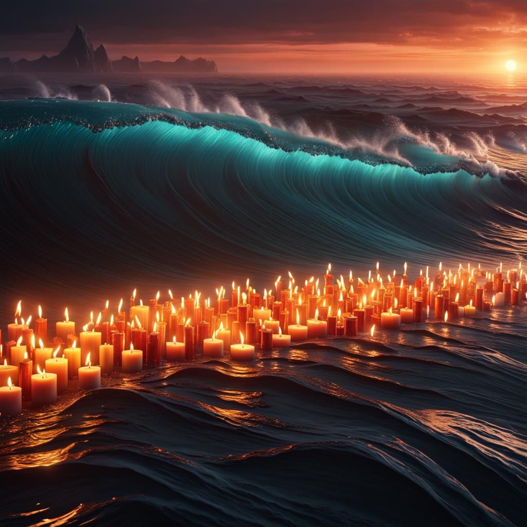 Ocean Waves Carry Candles in Detailed Matte Painting