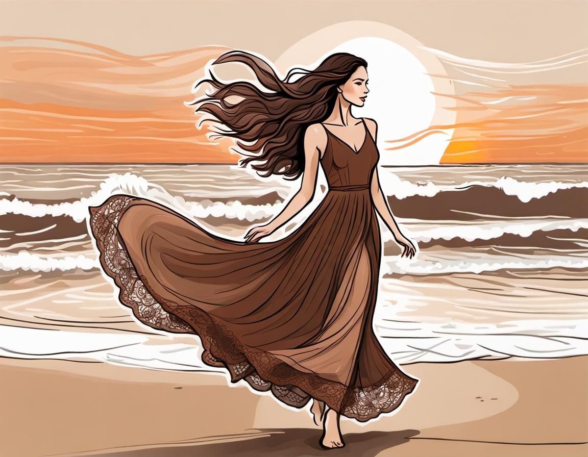 Woman Dancing on Beach at Sunset: Minimalist Sketch