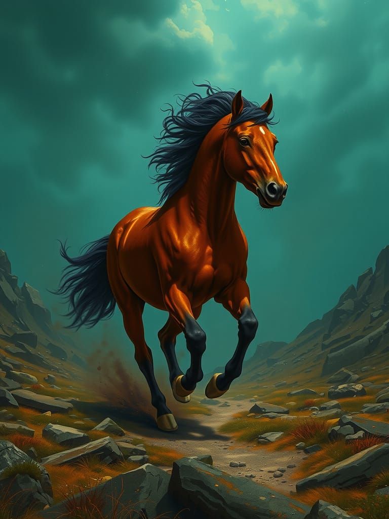 Hyperrealistic Chestnut Horse Galloping Under Teal Sky