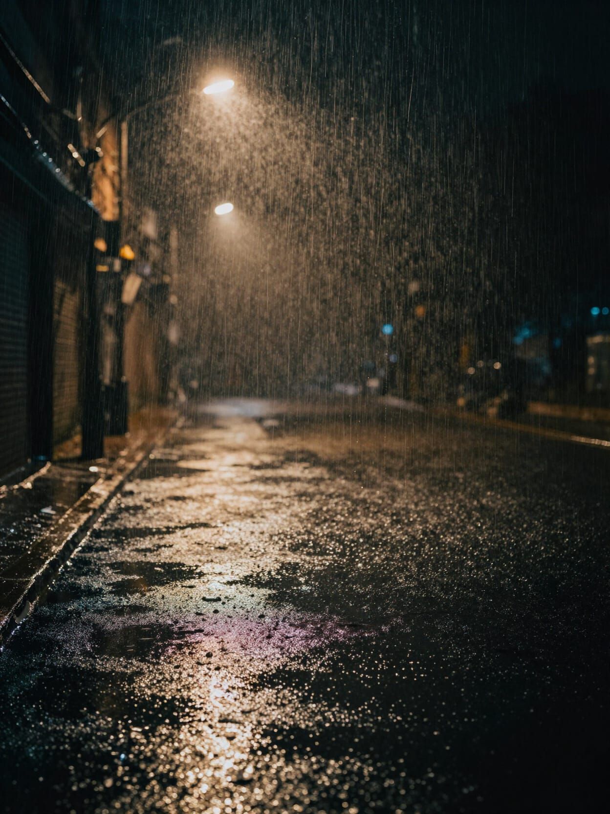 A dramatic, cinematic scene during heavy rain at night, rain falling in sharp streaks illuminated by neon and warm stree...