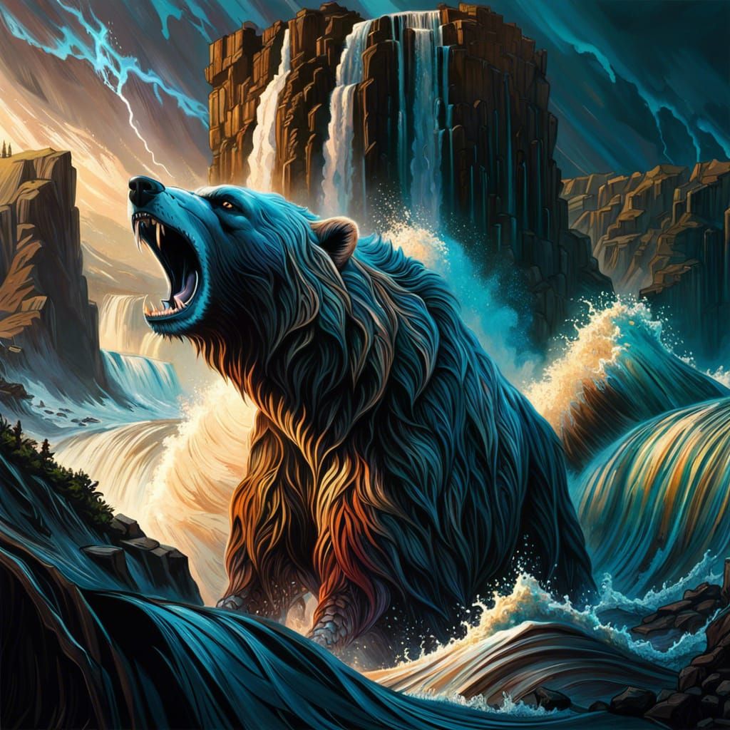 Bear Roaring At The Waterfalls