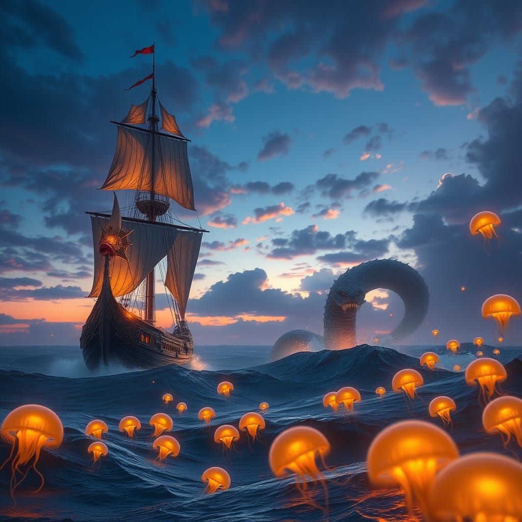 Epic Wooden Sailing Ship Battles Majestic Sea Serpent in Vib...