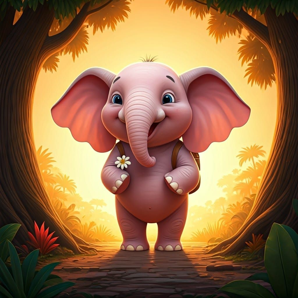 Vibrant Baby Elephant Plays in Whimsical Savannah