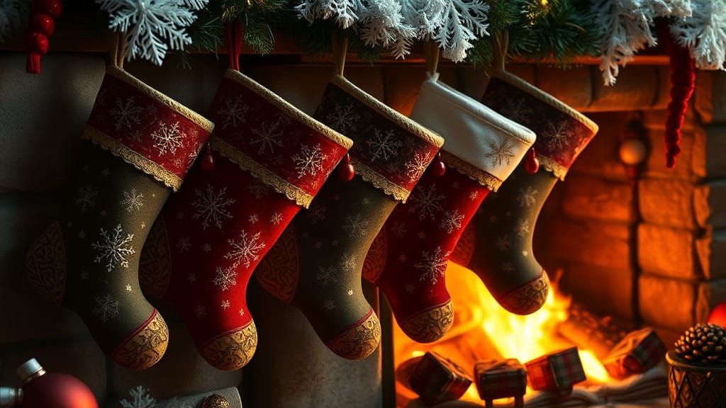 Whimsical Winter Stockings by the Chimney in a Fantastical R...
