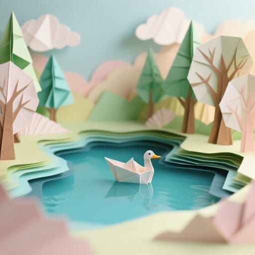Origami Paper World With Serene Lake and Boat