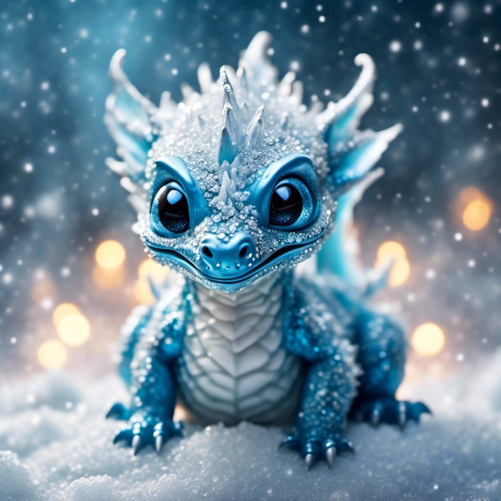 Cute Baby Ice Dragon Hatchling Making Frosty Snow