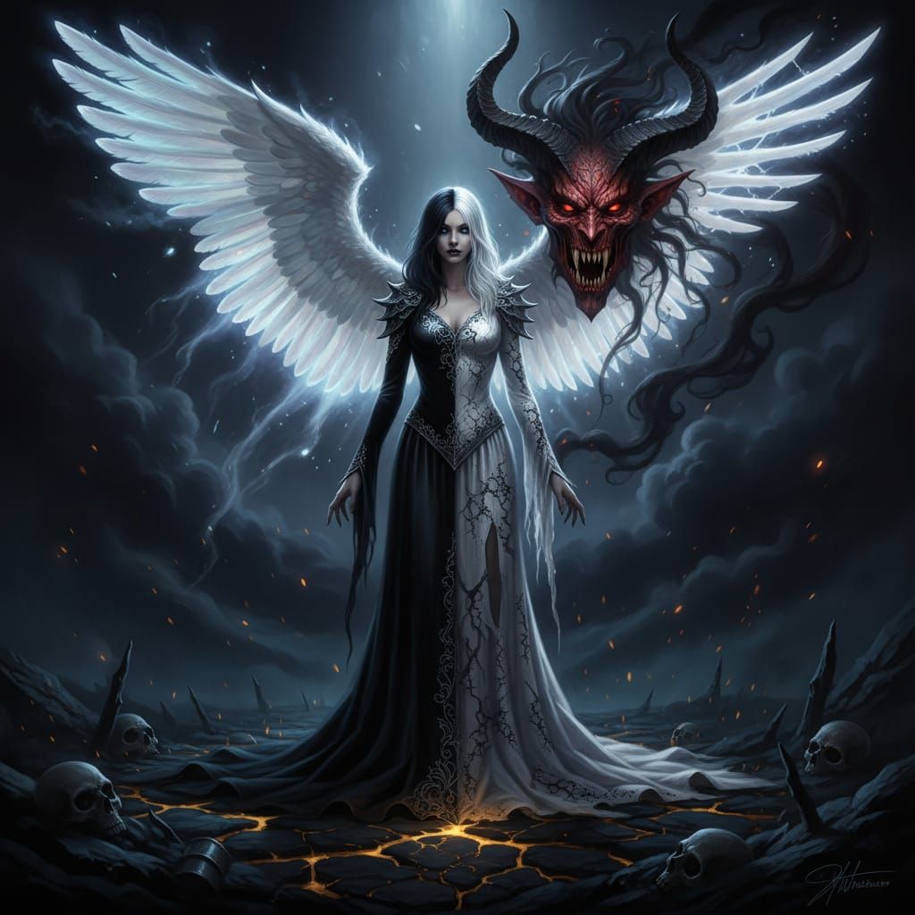 Dual-Winged Woman and Demon in Dark Fantasy Style