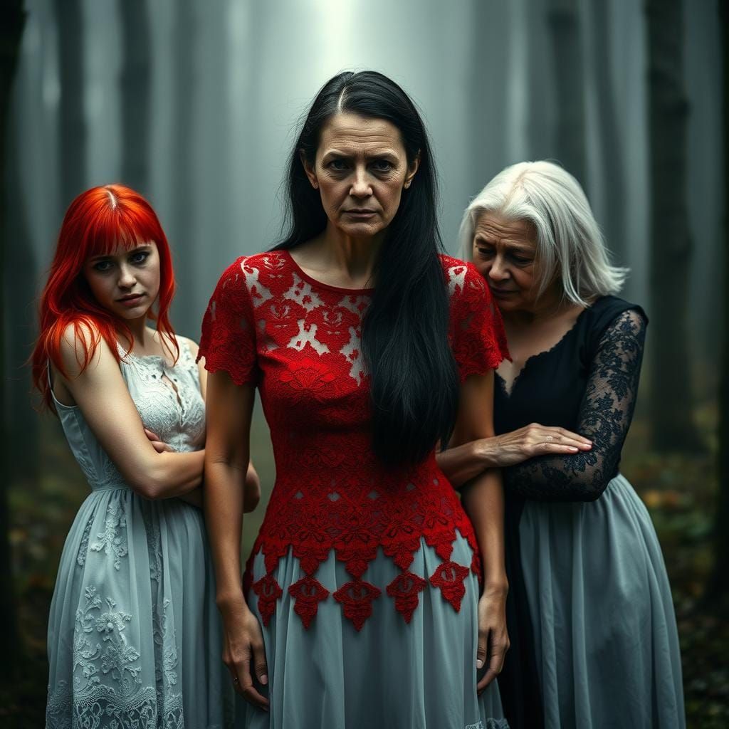Three Women in a Misty Forest