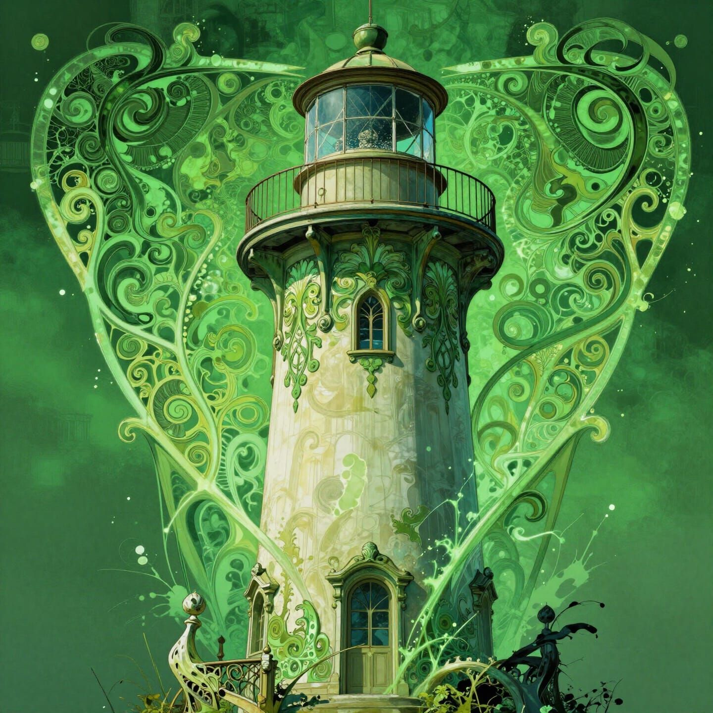 Art Nouveau Lighthouse with Green Accents