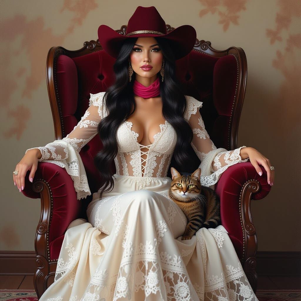 Native Woman in Lace Dress with Cat, Golden Age Illustration